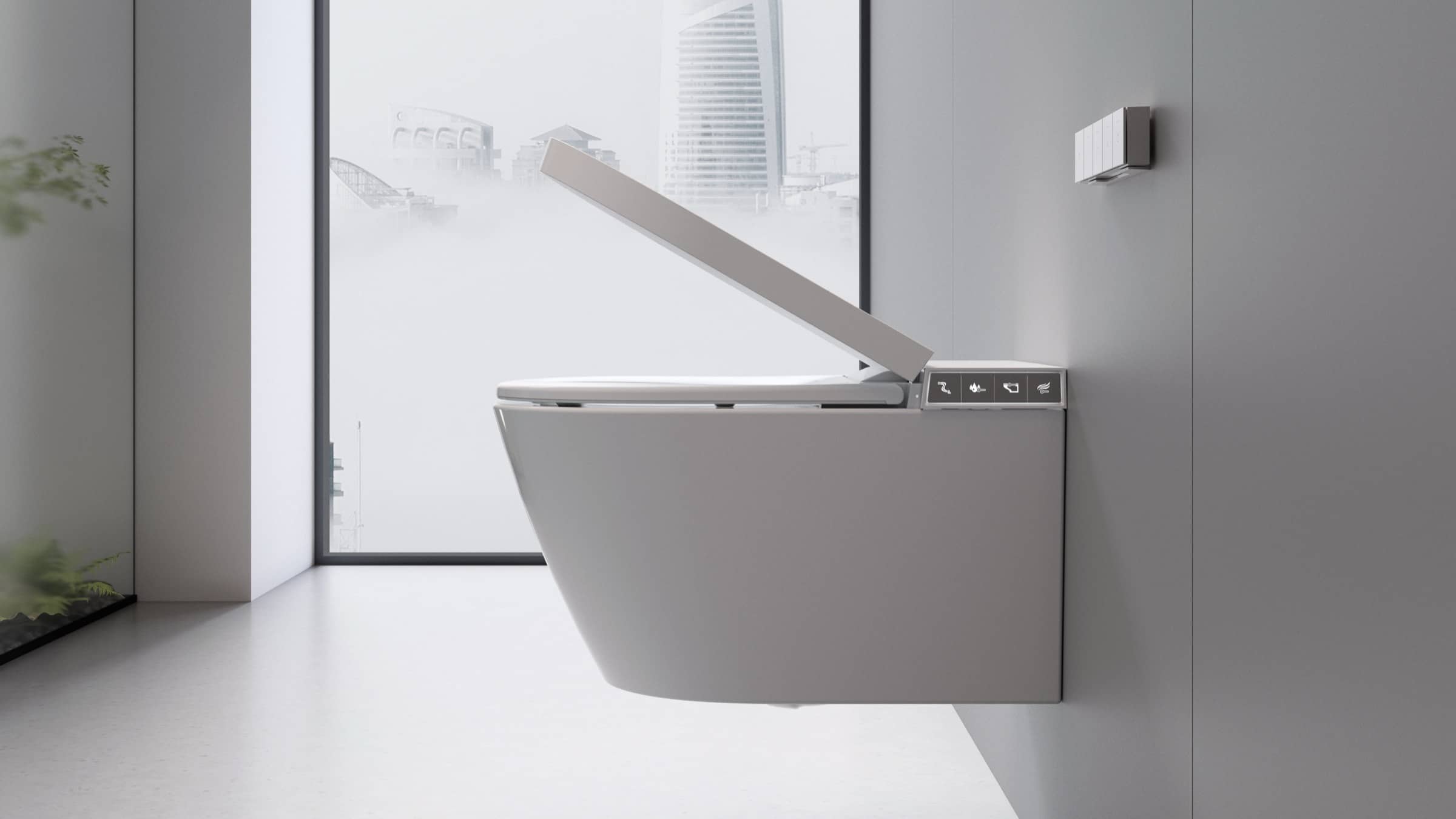 Sorano smart toilet, lid opening in a bright room