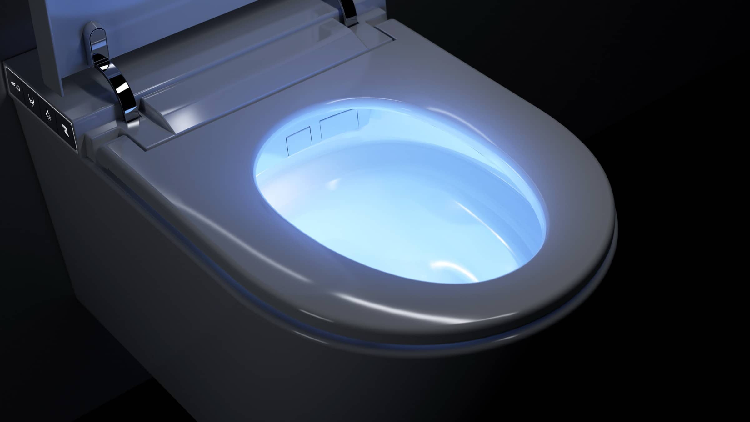 Toilet bowl illuminated by a soft blue night light